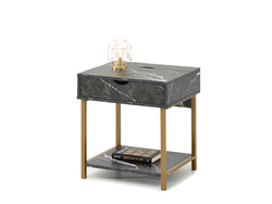 Sengebord med stikkontakt, sort marmor, guldben EMMA