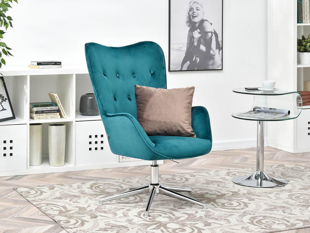 Lænestol i turkis velour med TRINI-ben i krom