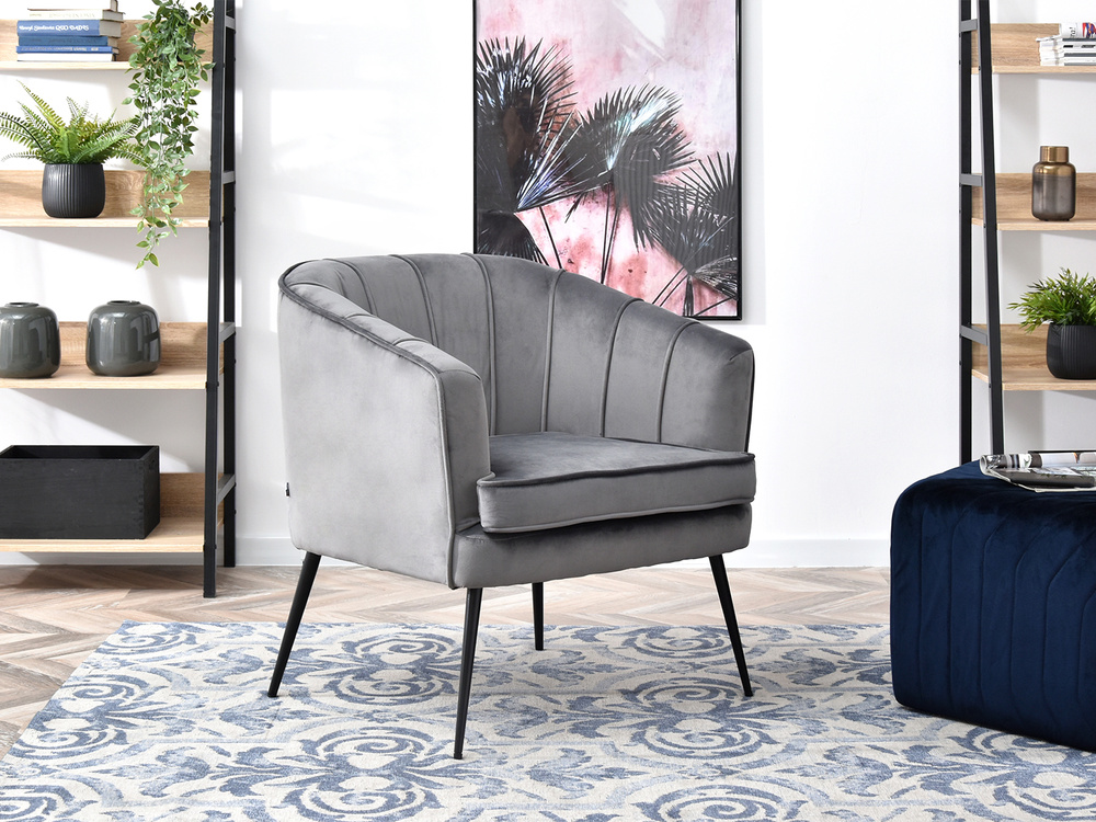 Velourlænestol med grå, sorte ben ESTEL
