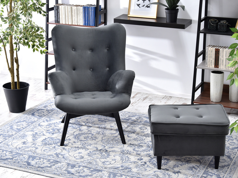 Velourlænestol med grå, sorte ben FLORI