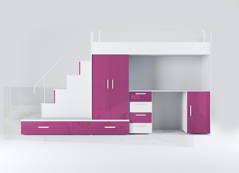 Køjeseng med skrivebord hvid/lyserød venstre EDEN 5