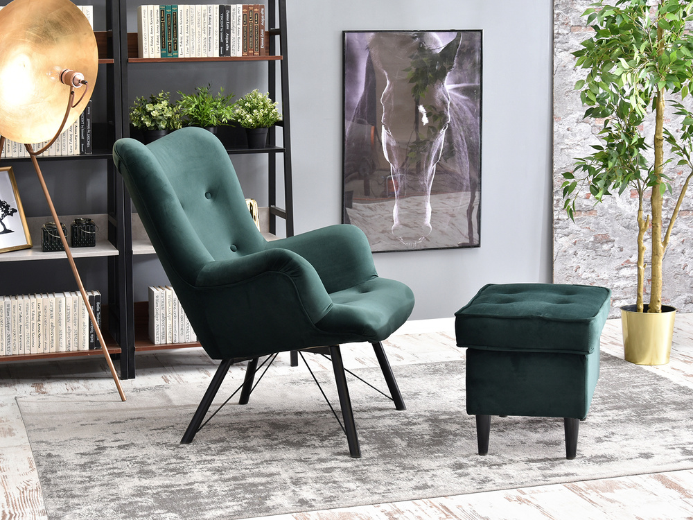 Velourlænestol med grønne, sorte ben DALTON