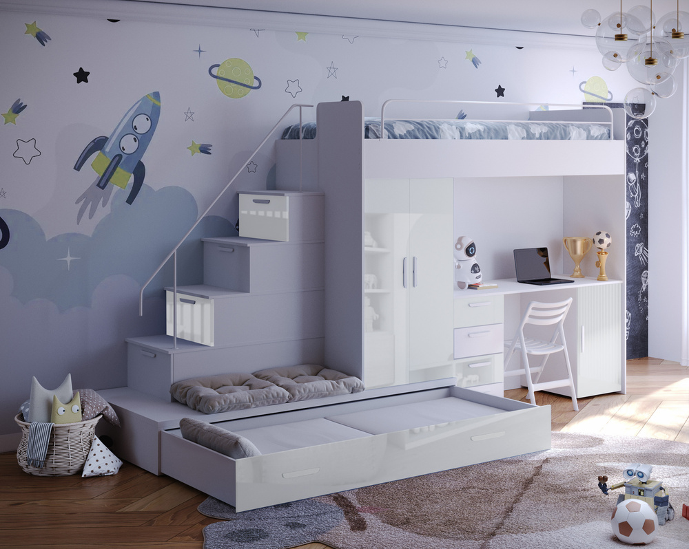 Køjeseng med skrivebord hvid venstre EDEN 5