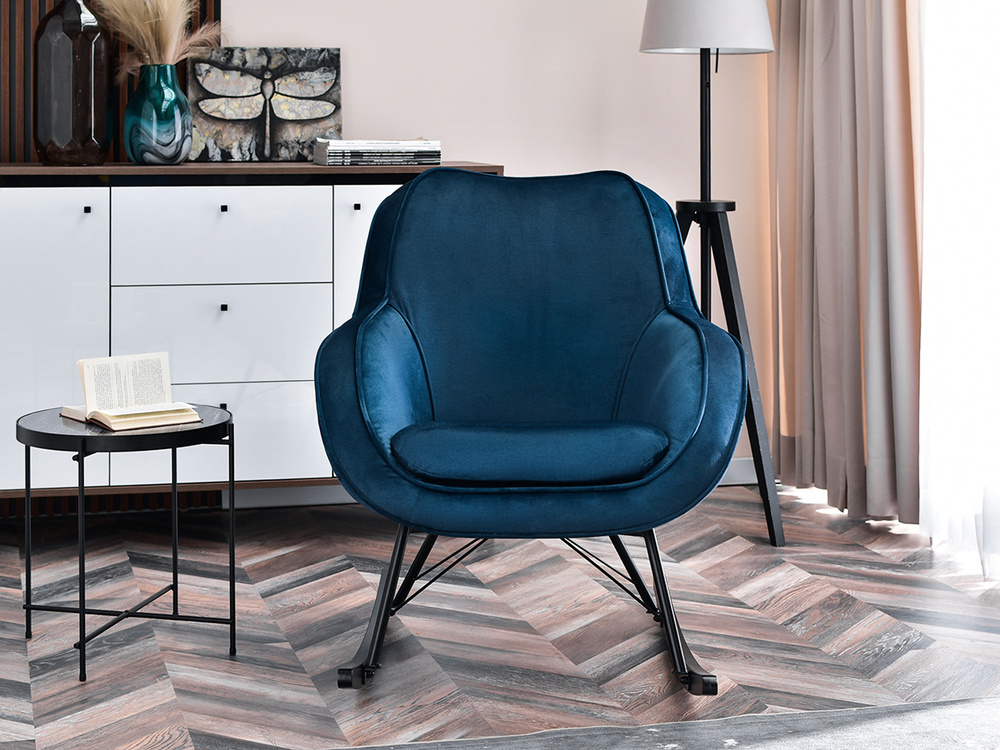 Velourlænestol marineblå sorte ben COCO