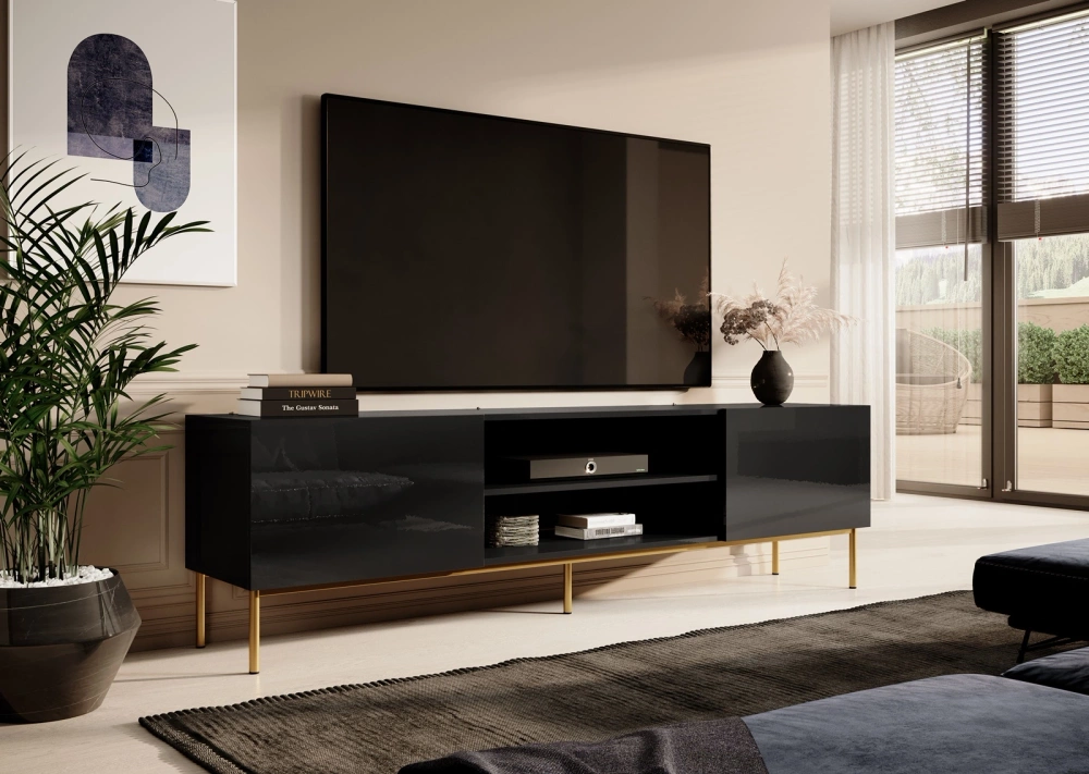 Sort tv-bænk med hylde 200 cm SLIDE