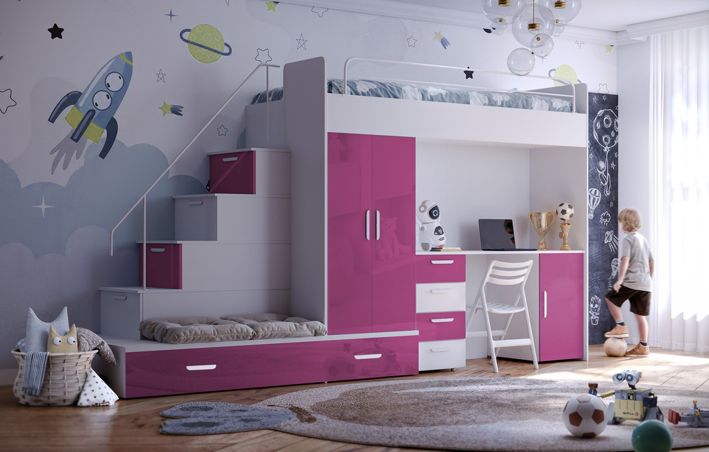 Køjeseng med skrivebord hvid/lyserød venstre EDEN 5