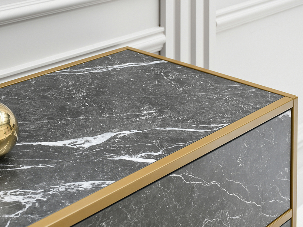Kommode med skuffer, sort marmor, guldramme SAMOA B