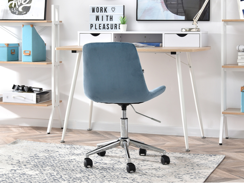 Velourlænestol med blå kromben ELIOR