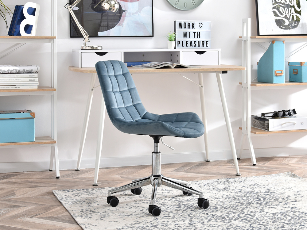 Velourlænestol med blå kromben ELIOR