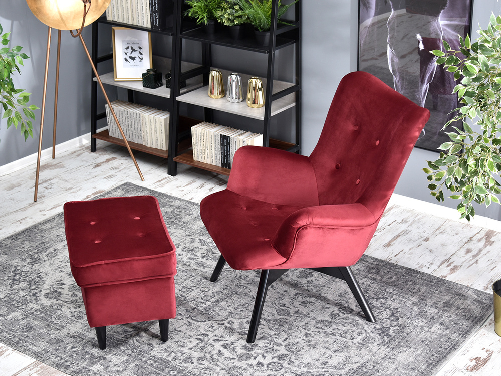 Rødbrun velourlænestol med sorte ben FLORI