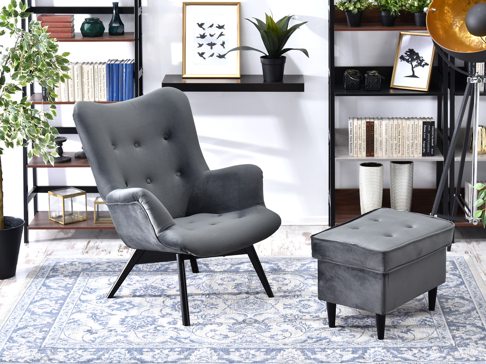 Velourlænestol med grå, sorte ben FLORI