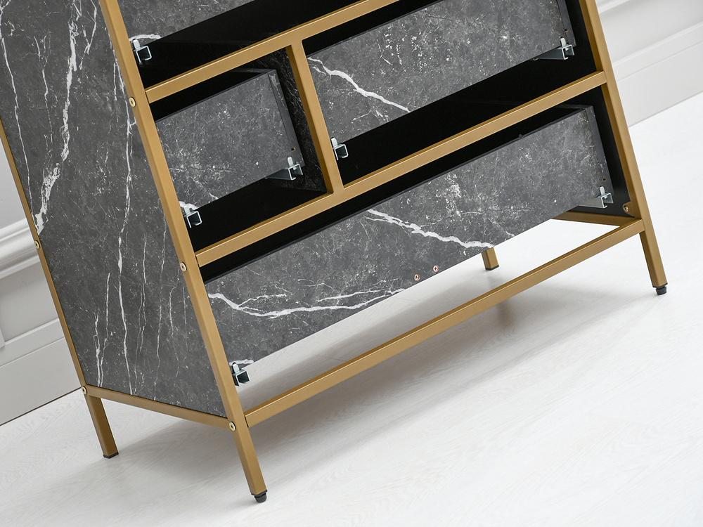 Kommode med skuffer, sort marmor, guldramme SAMOA B