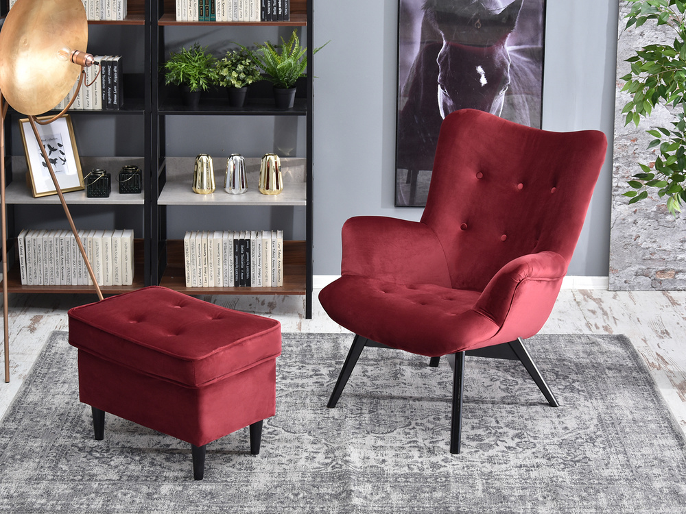 Rødbrun velourlænestol med sorte ben FLORI