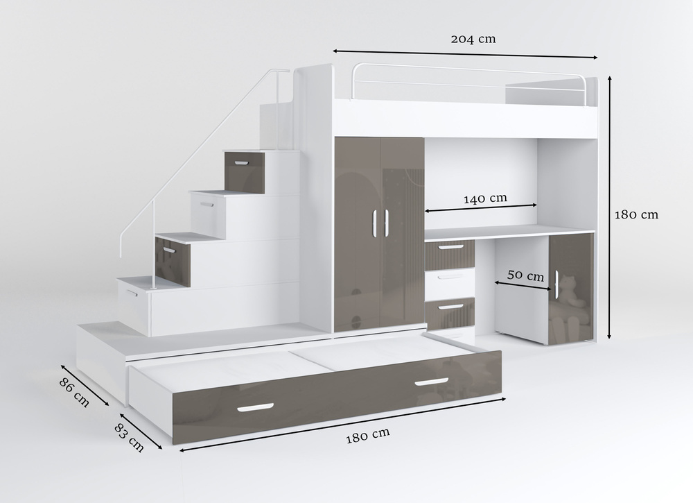 Køjeseng med skrivebord hvid/grå venstre EDEN 5