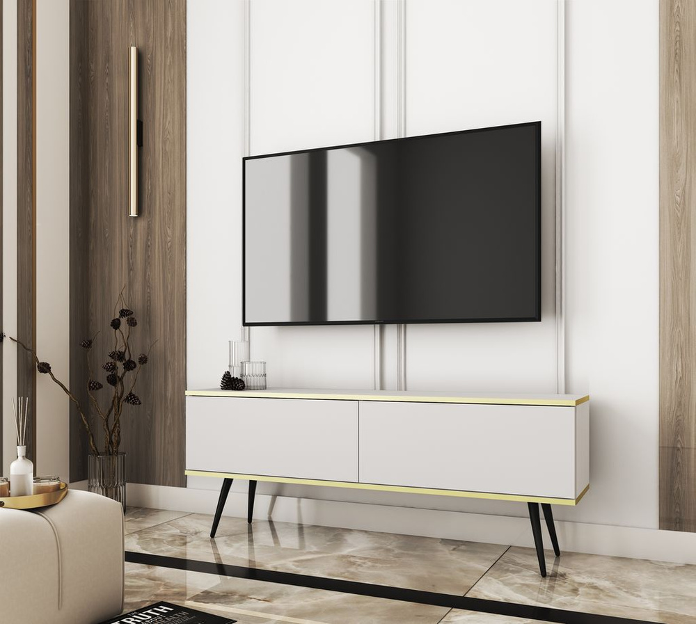 Hvid tv bænk 135 cm, sorte ben ORO