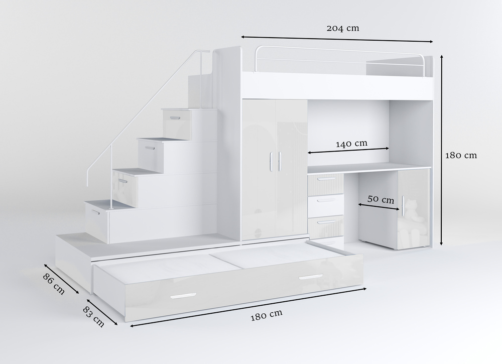 Køjeseng med skrivebord hvid venstre EDEN 5