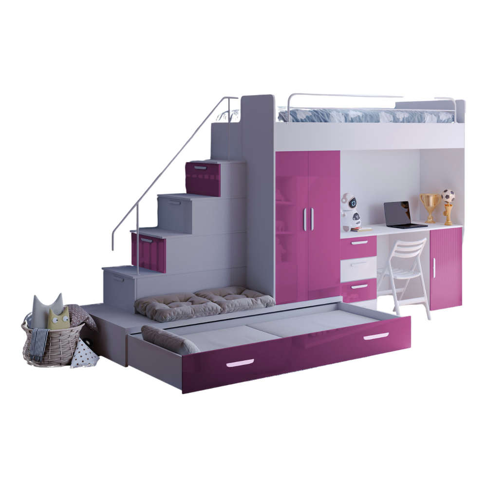 Køjeseng med skrivebord hvid/lyserød venstre EDEN 5