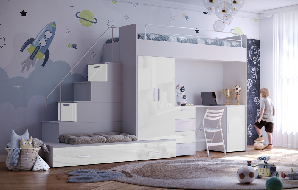 Køjeseng med skrivebord hvid venstre EDEN 5