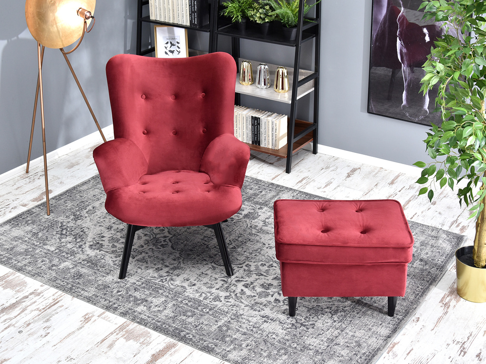 Rødbrun velourlænestol med sorte ben FLORI