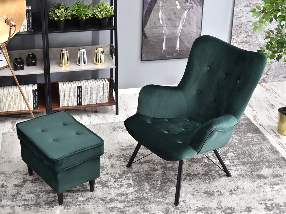 Velourlænestol med grønne, sorte ben DALTON