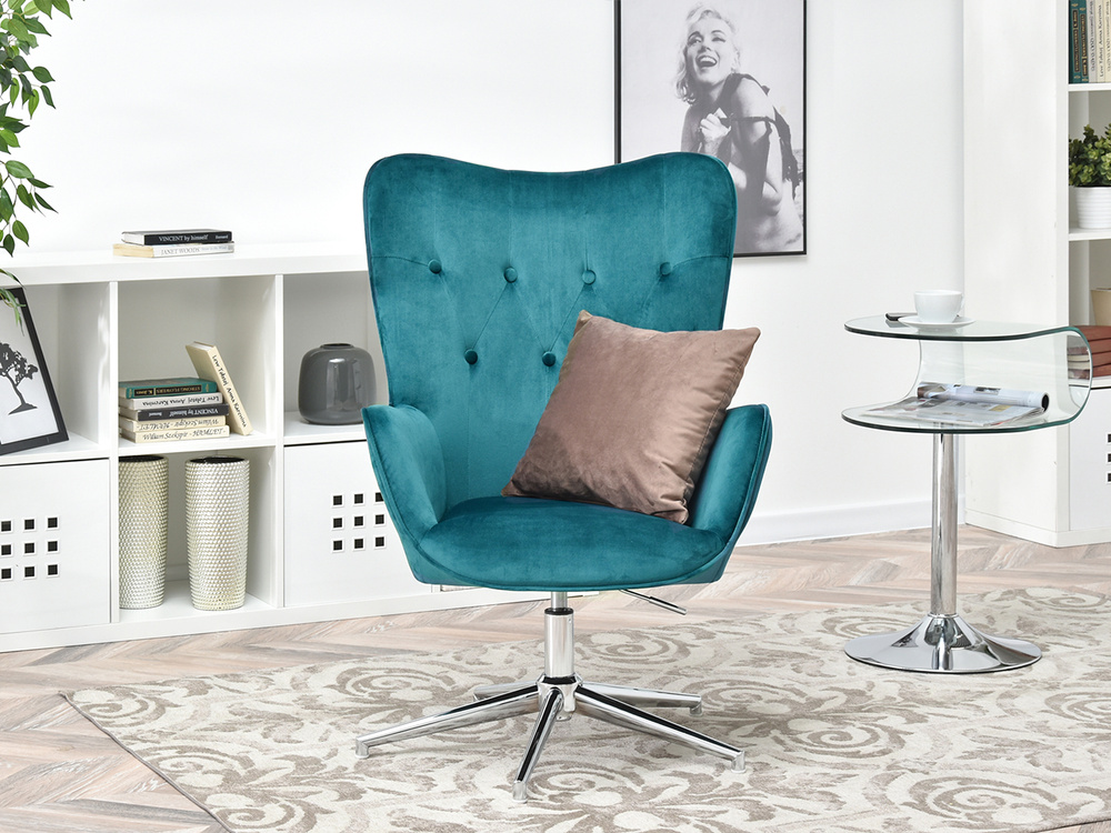 Lænestol i turkis velour med TRINI-ben i krom